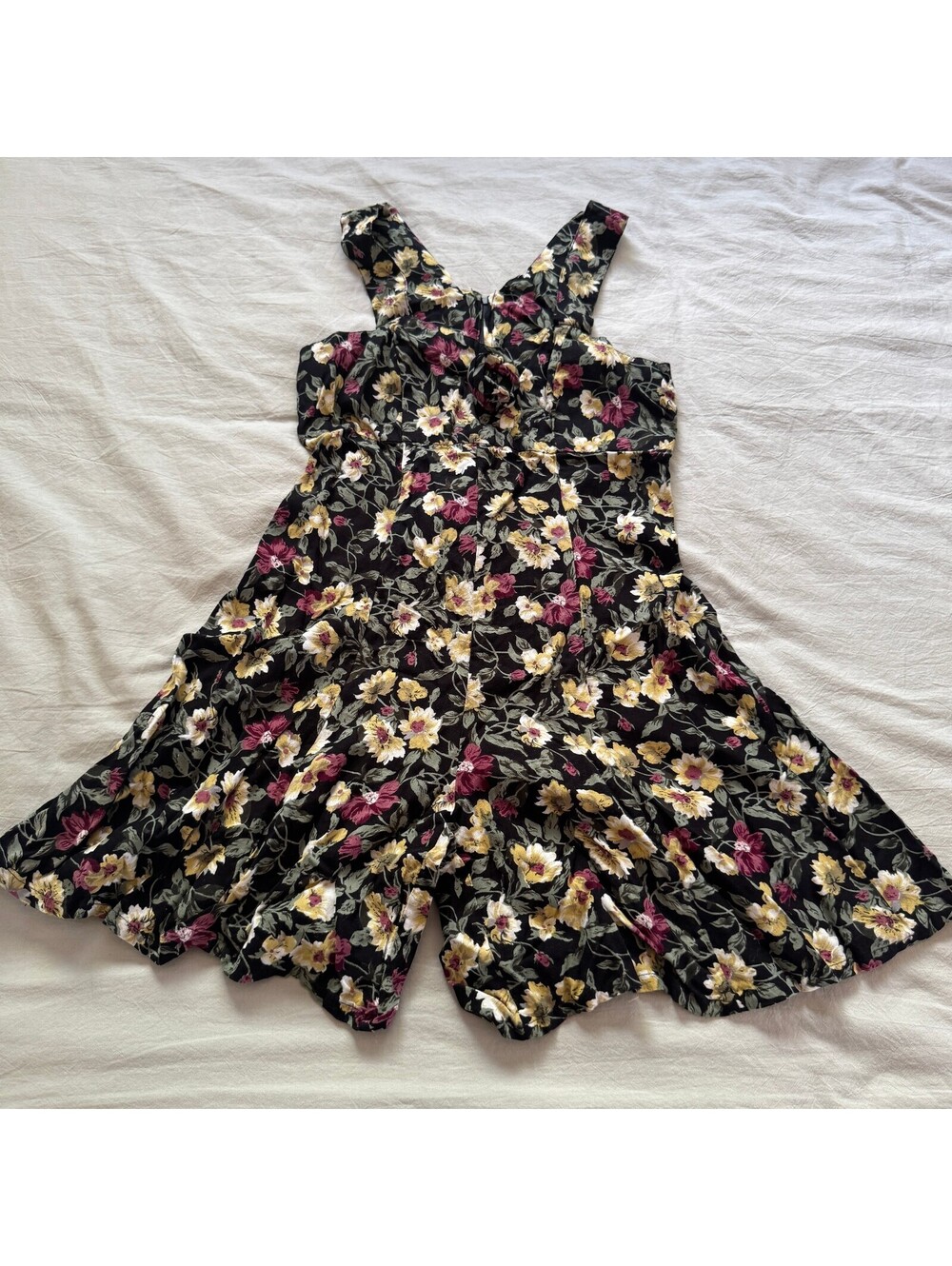 Vtg 90s Energie Floral Mini Romper Grunge Black Yellow Purple Rayon Babydoll S